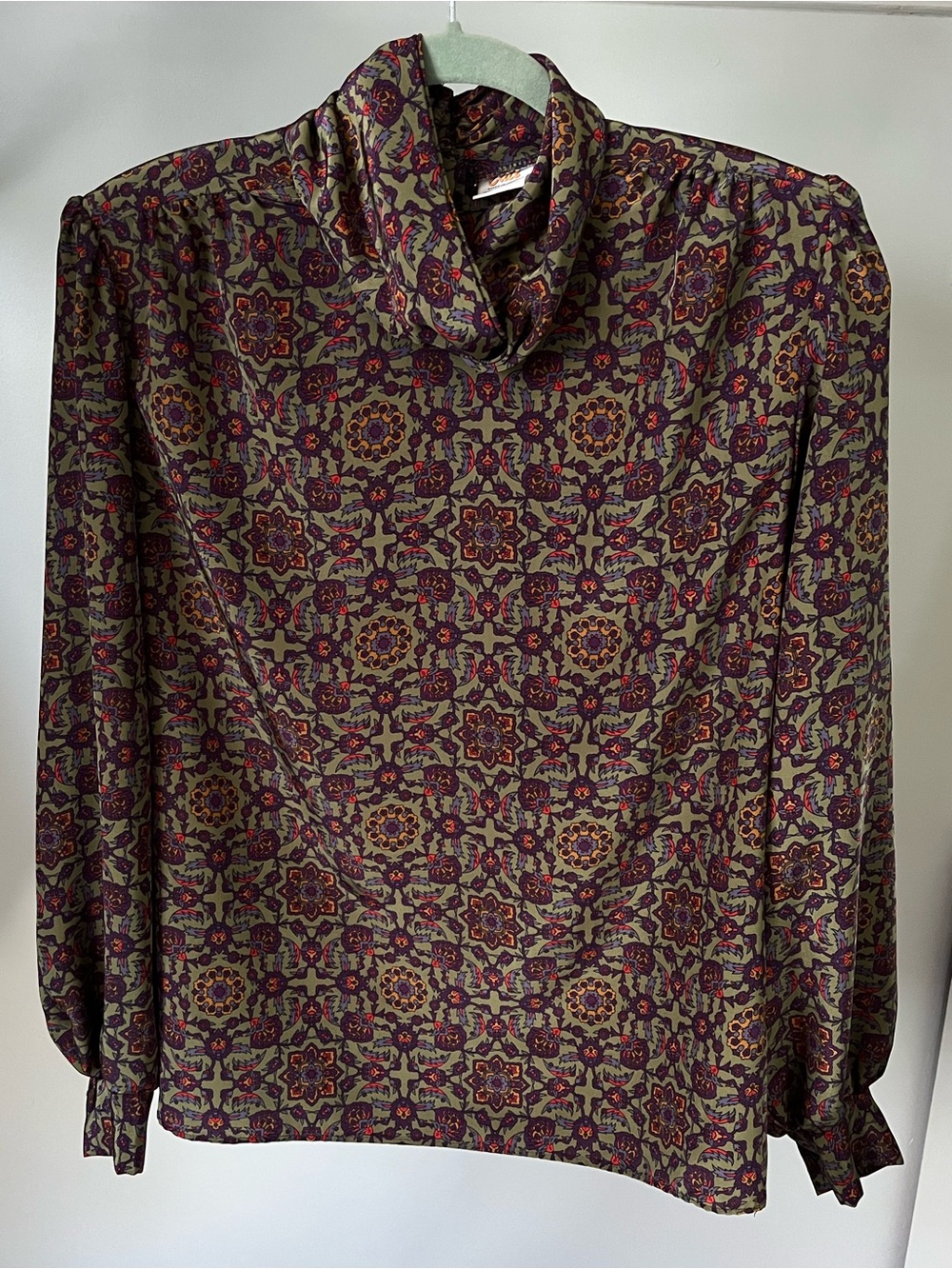 Vintage Elite Olive Green and Purple Printed Cowl Neck Top Size 8